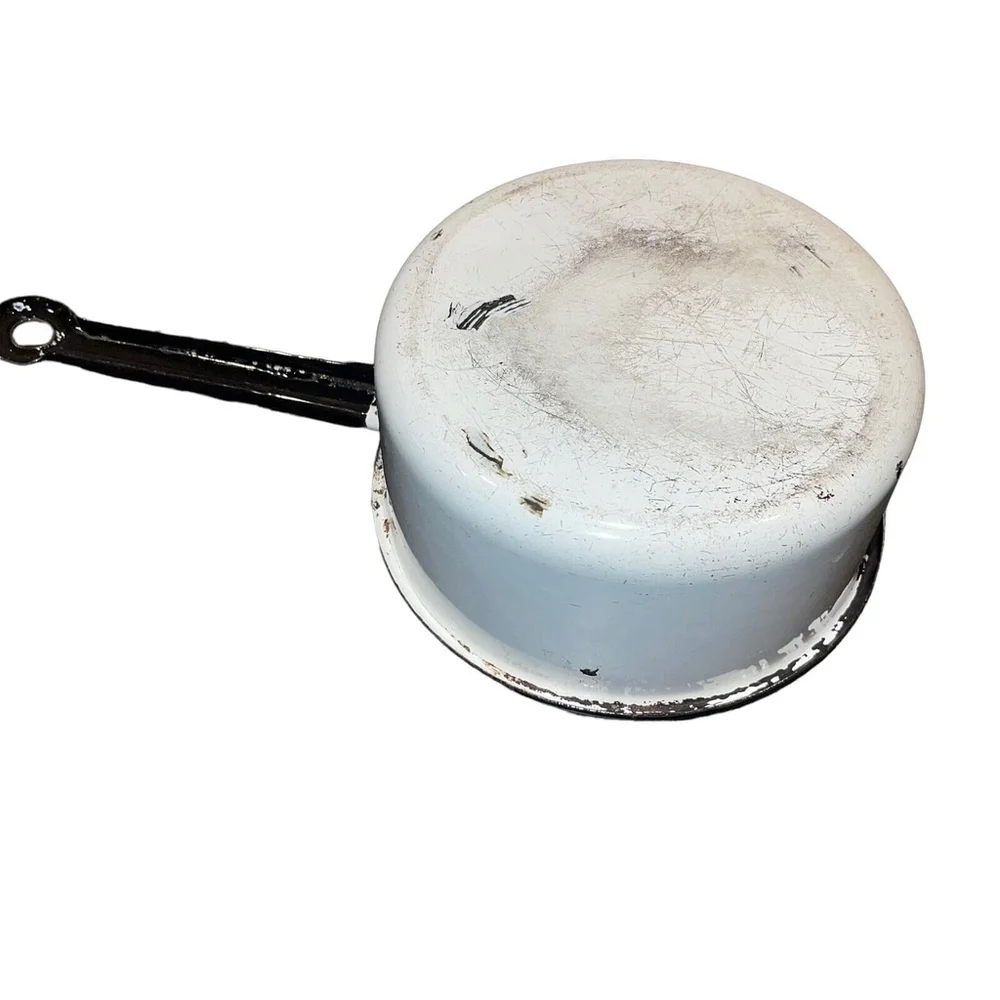 Vintage Enamelware White & Blue Small Sauce Pot With Lid For Decoration Only GUC